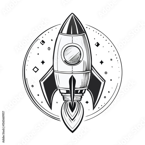 Vector Rocket Launching into Space with Stars Vintage Style Illustration