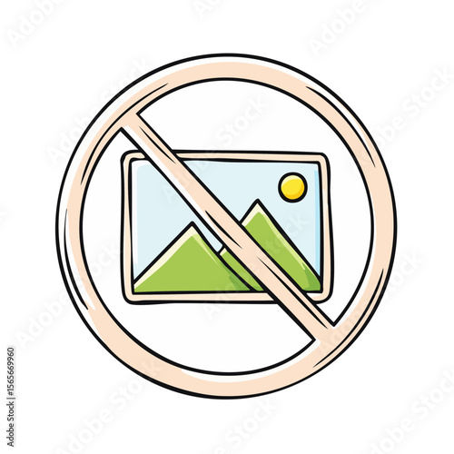 No Image Sign with Mountains and Sun, Prohibition Symbol for Media, Vector Illustration