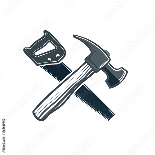 Hand Saw and Hammer Crossed Illustration, Carpentry Tools for Woodwork and Home Repair