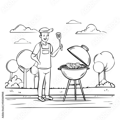 Sketch of a person grilling food on a barbecue outdoors in a park setting