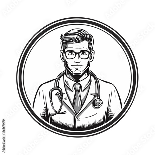 Monochrome Illustration of a Doctor with Stethoscope Wearing Glasses and a Lab Coat
