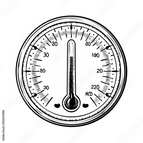 White round temperature gauge showing reading in center on black background, vector illustration