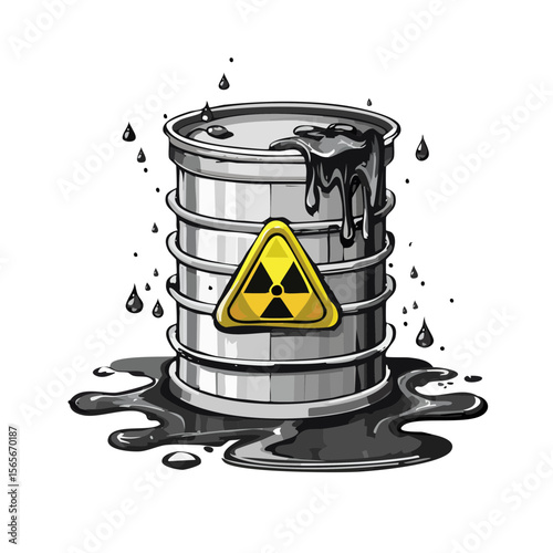 Metal Barrel with Radioactive Liquid and Warning Sign Isolated on Black Background