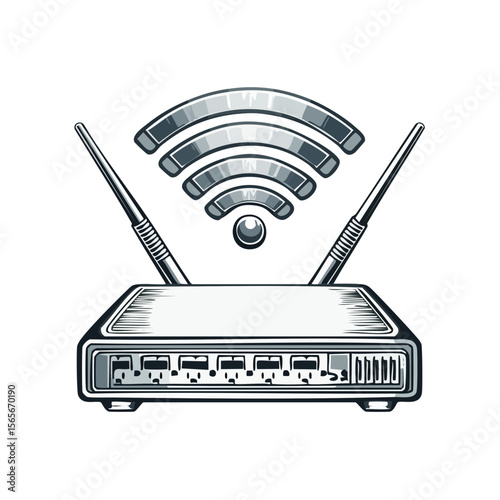 Stylized router with antennas wireless internet connection vector illustration for website or app on black background