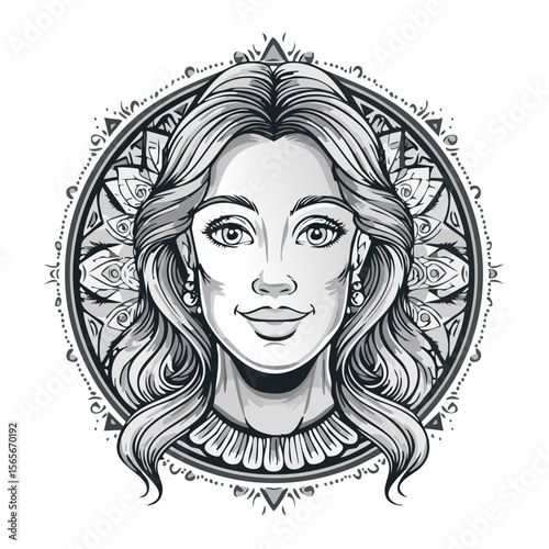 Portrait of a beautiful woman with long wavy hair and mandala background in grayscale vector art