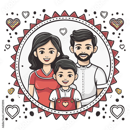Happy Family Illustration Adorned with Hearts Loving Parents and Child Togetherness Illustration