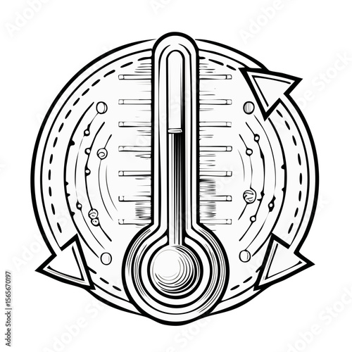Thermometer with arrows indicating a cycle, suggesting temperature monitoring or adjustments in white on black background