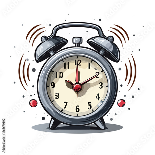 Ringing Silver Alarm Clock at Midnight Illustration on Black Background