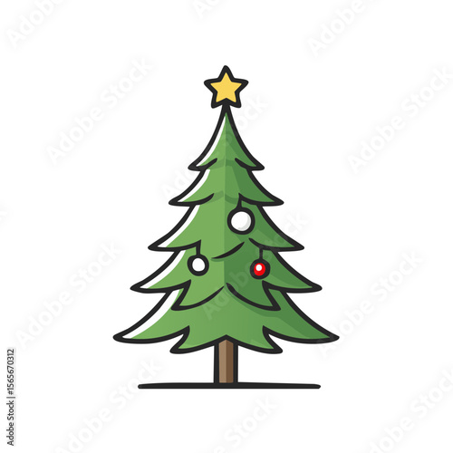 Festive Christmas Tree Icon with Star Topper and Decorative Ornaments on Black Background Illustration