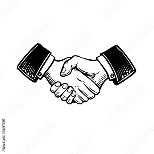 Handshake Illustration in Black and White Depicting Agreement Partnership and Teamwork