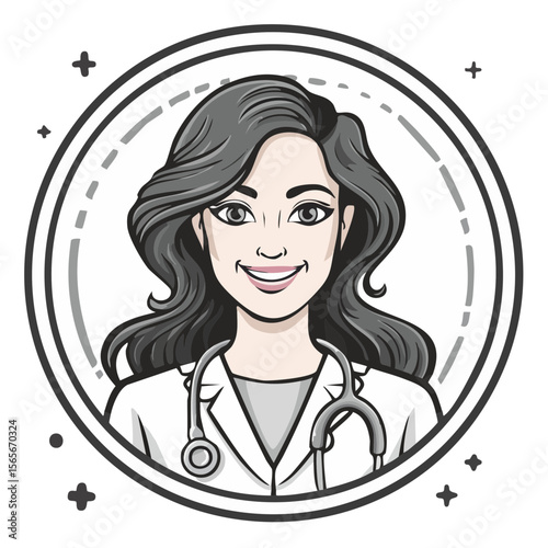 Female Doctor Illustration: Brunette Woman in Lab Coat with Stethoscope, Medical Professional Portrait