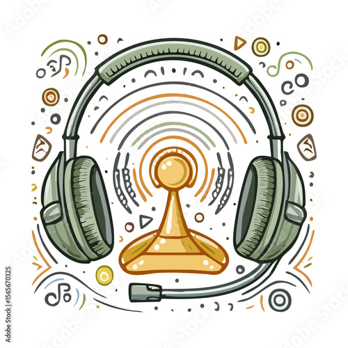 Illustration of a Gold Transmitter with Headphones and Wifi Waves on Black Background