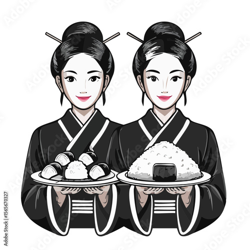 Two Japanese women hold plates of sushi and onigiri in a traditional geisha style with black backgrounds