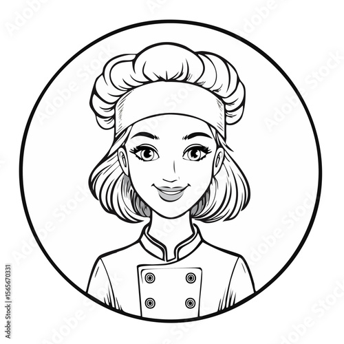Woman Chef Portrait in Black and White Line Art Smiling Wearing Chef's Hat and Uniform with a Round Background