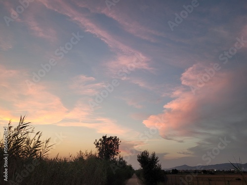 Scenic countryside landscape during sunset. The image captures the warm tones of the setting sun over natural fields, creating a peaceful and serene rural atmosphere, perfect for themes of nature