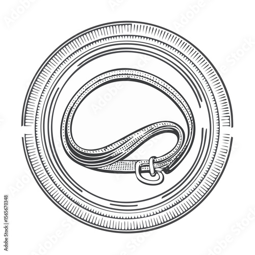 Illustrated dog leash inside decorative circular frame on black background