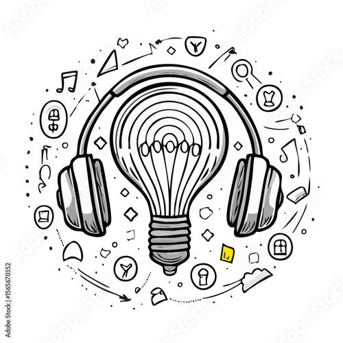 Headphones on light bulb illustration, creative audio design concept, listening idea in a white and black graphic style on dark background