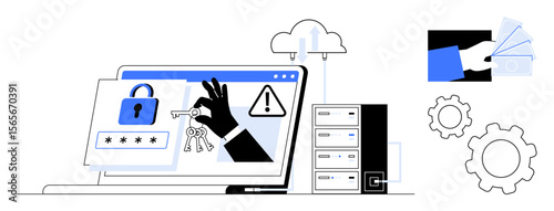 Laptop screen with locked padlock, keys being stolen by hand, warning sign, data server, cloud connections, and gear icons. Ideal for cybersecurity, hacking prevention, data protection IT