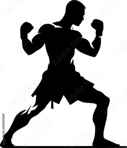 Flat black vector of a Muay Thai fighter in striking pose
