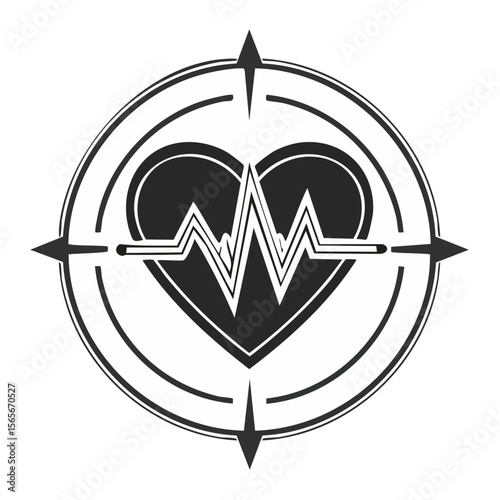 Heart Beat Rhythm in Circle with Compass Points Represents Health Direction Symbol Vector Illustration