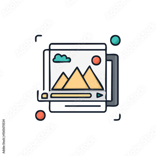 Multimedia content display interface icon with video player, mountains, cloud, and sun on a black background