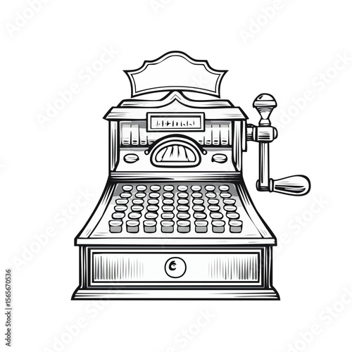 Retro cash register illustration against black for vintage business or retail concept in line art style