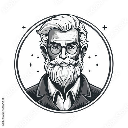 Grayscale illustration of a wise old man with a beard, wearing glasses and a suit in a circle frame with stars.