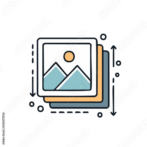 Vector design illustration of photo album with mountain range inside and arrow marks showing dimensions