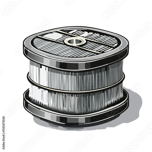 Automotive Air Filter Illustration, Vehicle Maintenance Part, Metallic Design on Black Background