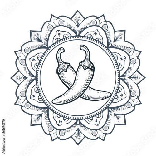 Two crossed chili peppers in a mandala circle design, spicy flavor ingredient, hand-drawn pattern, monochrome illustration.