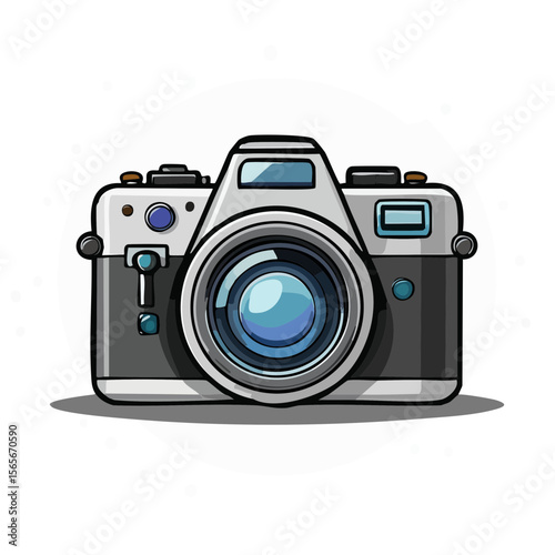 Illustration of a vintage camera with lens on white circle and black background filled with small white circles
