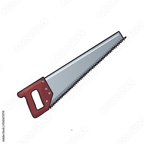 Hand Saw Illustration with Steel Blade and Red Handle for Wood Cutting, Construction, and Home Repair