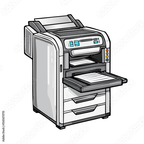 Office printer with paper tray and control panel for printing, copying, and scanning documents