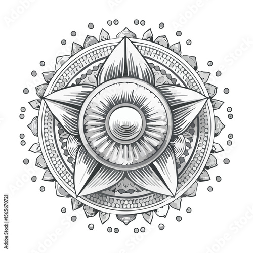 Detailed circular mandala illustration featuring star and floral elements on black background decorative pattern ornament