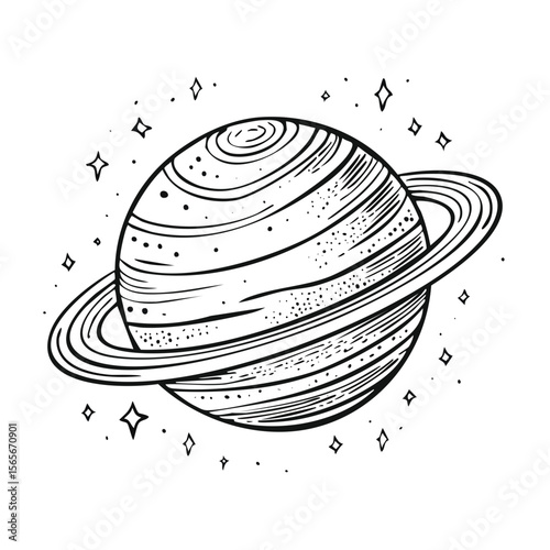 Stylized Planet with Rings and Stars Cosmic Galaxy Space Exploration