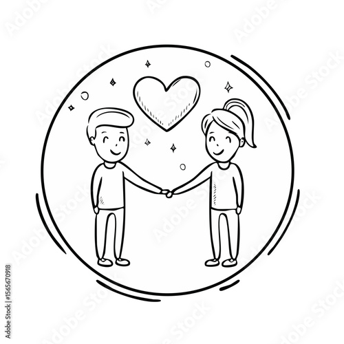 Cartoon Couple Holding Hands Under Heart, Doodle Style Illustration for Love, Relationship or Valentine's Day