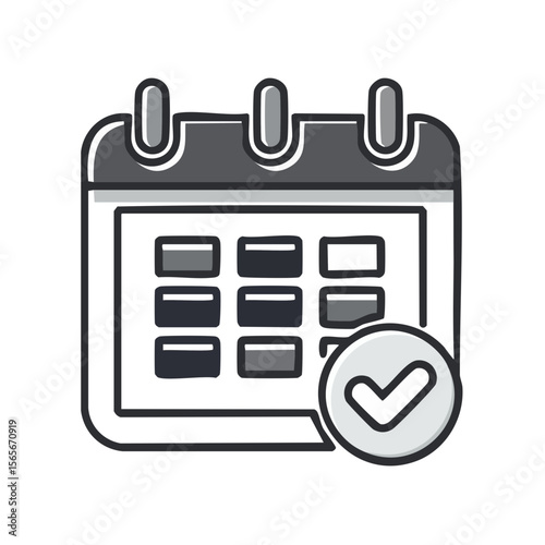 Calendar icon graphic with confirmation check mark denoting appointment scheduling and event planning or deadline date reminder isolated on black