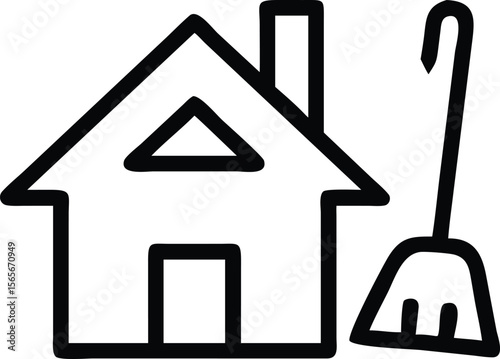 Simple line art illustration of a house with chimney and broom for cleaning