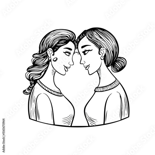 Sketch of two women facing each other, possibly a sisterhood or friendship theme, in a minimalist dark style.