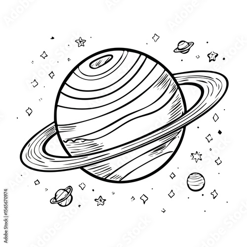 Sketch Style Ringed Planet and Stars Space Exploration Concept Art Minimalist Design