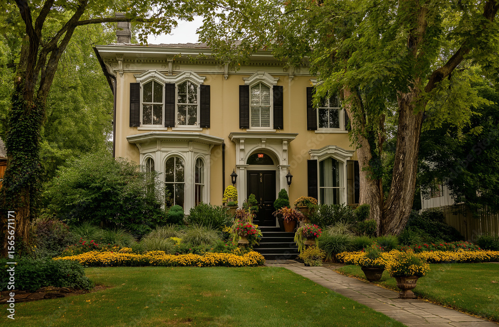 Obraz premium Photo of an elegant home with a vintage-style, beige exterior with white trim and red brick accents, 