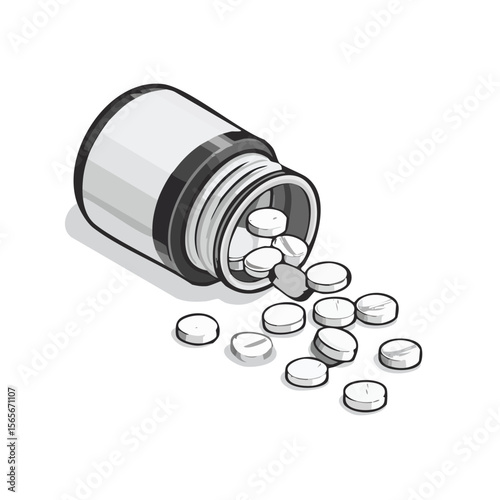 Depicted is an open prescription bottle with medication spilling onto a black background.