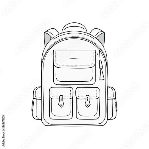 Isolated Outline Vector Illustration of a Backpack with Pockets on Black Background
