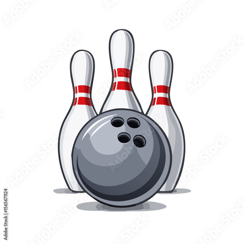 Bowling pins and ball ready for a strike in a stylized cartoon on a black background. Recreation and indoor sports concept.