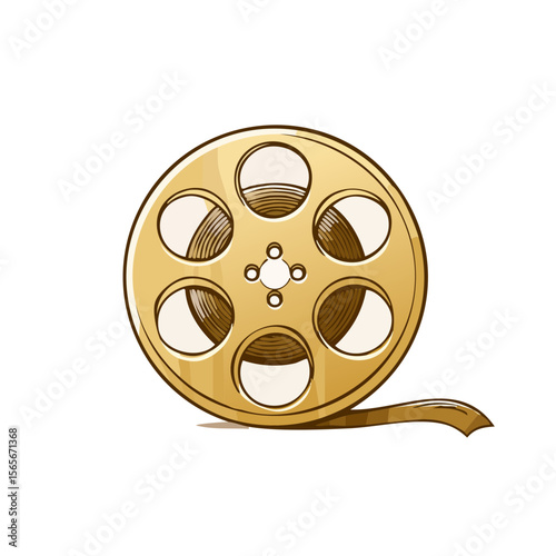 Single Golden Film Reel for Film Industry Iconography and Vintage Movie Theme on Black Background