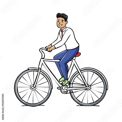 Cartoon man rides a bicycle outdoors for leisure illustration style happy expression healthy active lifestyle modern transportation cycling