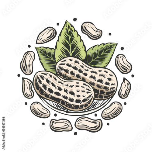 Delicious peanuts with leaves in artistic drawing against black background a healthy snack food illustration for culinary or nutritional projects