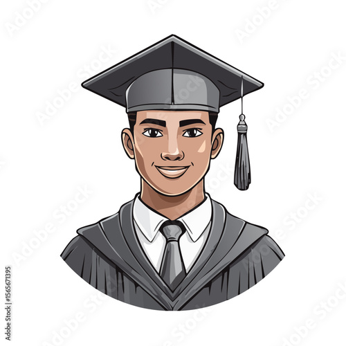 Smiling Young Graduate Wearing Cap and Gown Against Black Backdrop Illustration
