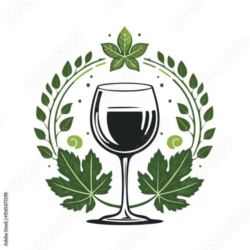 Elegant Wine Glass Illustration with Grapevine Leaves on Black Background for Creative Design