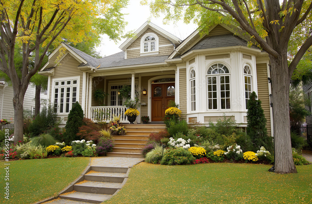 Naklejka premium Photo of an elegant home with a vintage-style, beige exterior with white trim and red brick accents, 